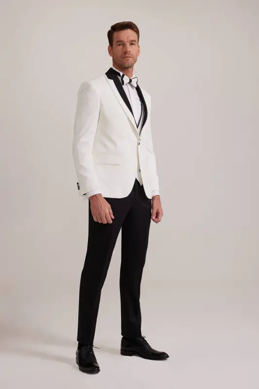 Erkaklar uchun oq shal yoqali slim fit to'y kostyumi - YSF