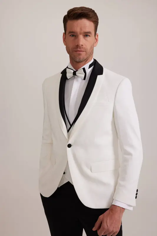 Erkaklar uchun oq shal yoqali slim fit to'y kostyumi - 4