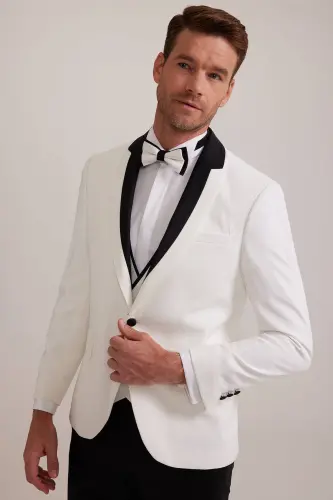 Erkaklar uchun oq shal yoqali slim fit to'y kostyumi - 5