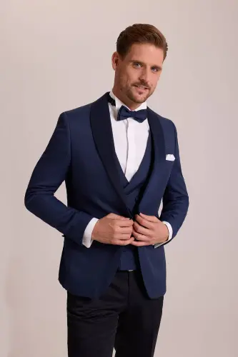 Erkaklar uchun Parlament Slim Fit Shal Yaka Yelekli To'y Kostyumi - 3