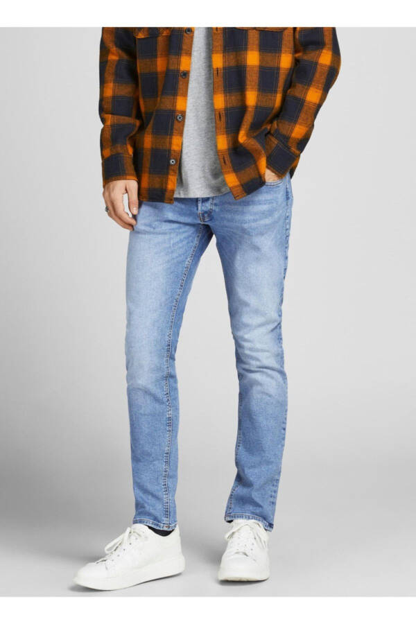 Erkaklar uchun past bel skinny fit to'g'ri denim jinsi shim. - 6