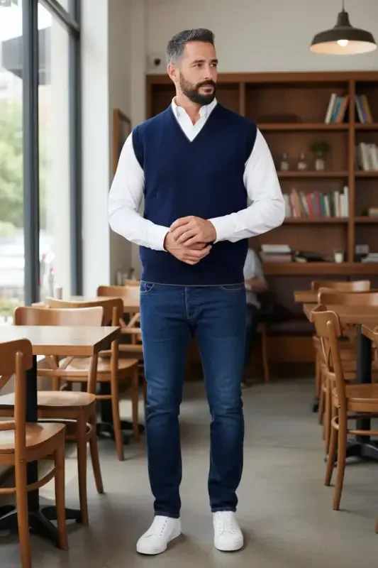 Erkaklar uchun po'lat to'qish Interlock qishki qalin trikotaj V bo'yinli trikotaj to'qish mo'ynali bo'lmagan dad sviteri katta hajmli - 3