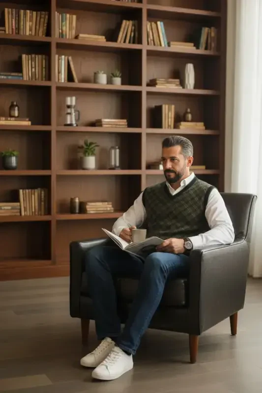 Erkaklar uchun po'lat to'qishli katakli naqshli qishki qalin trikotaj V bo'yinli trikotaj sviter qilmaydigan dadasi sviter oddiy - 2