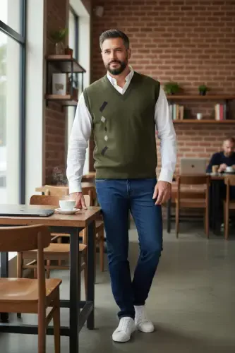 Erkaklar uchun po'lat to'quv qishki qalin trikotaj V bo'yinli trikotaj to'quv tuklanmaydigan ota sweater - 1