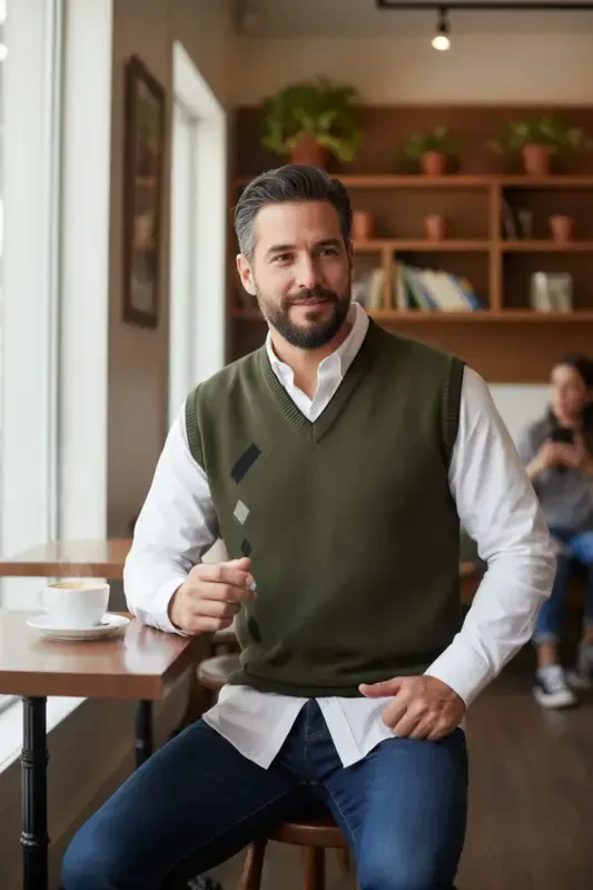 Erkaklar uchun po'lat to'quv qishki qalin trikotaj V bo'yinli trikotaj to'quv tuklanmaydigan ota sweater - 2