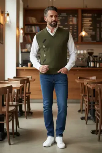 Erkaklar uchun po'lat to'quv qishki qalin trikotaj V bo'yinli trikotaj to'quv tuklanmaydigan ota sweater - 4