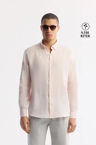 Erkaklar uchun pushti zig'ir ko'ylak, tugmali yoqa, Comfort Fit B002191 