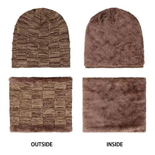 Mens Winter Beanie Hats Scarf Set Warm Knit Skull Cap Neck Warmer with Fleece Lined Winter Hat for Women - 4