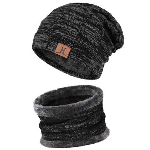 Mens Winter Beanie Hats Scarf Set Warm Knit Skull Cap Neck Warmer with Fleece Lined Winter Hat for Women - 2