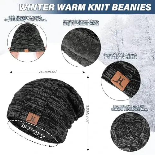 Mens Winter Beanie Hats Scarf Set Warm Knit Skull Cap Neck Warmer with Fleece Lined Winter Hat for Women - 3