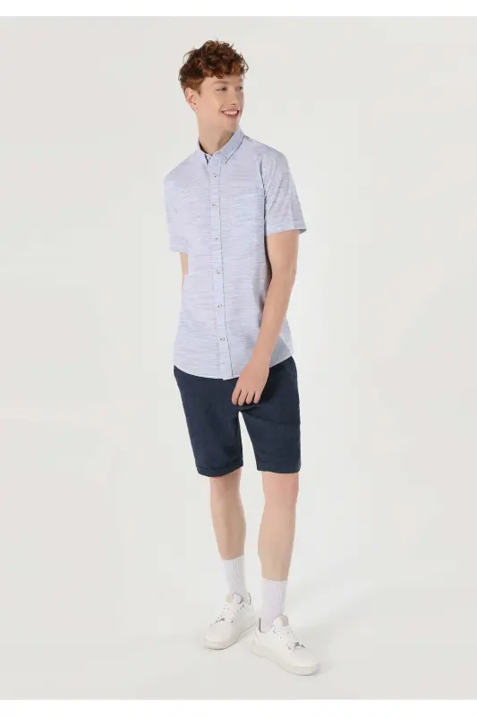 Erkaklar uchun qisqa yengli slim fit ko'k ko'ylak - 3