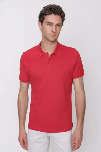 Erkaklar uchun qizil rangli, oddiy, 100% paxta, slim fit, tor kesimli, kalta yengli, polo yoqali futbolka 