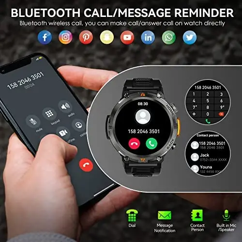 Erkaklar uchun qo'ng'iroq qabul qilish/terish funksiyasi bilan LED chiroq, 1.45 dyuymli HD ochiq havoda taktik mustahkam aqlli soat, iPhone Android telefoni uchun yurak urish tezligini va uyquni kuzatish funksiyasiga ega sport fitness kuzatuvchi soat - LANIKAR (1)