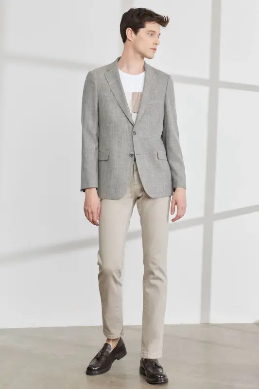 Erkaklar uchun qora-bej Comfort Fit Qulay Bichimdagi Mono Yoqali Naqshli Blazer Kurtka - Qora-Bej - 2