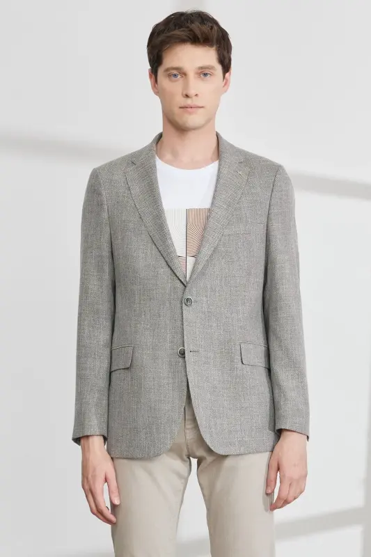 Erkaklar uchun qora-bej Comfort Fit Qulay Bichimdagi Mono Yoqali Naqshli Blazer Kurtka - Qora-Bej - 5