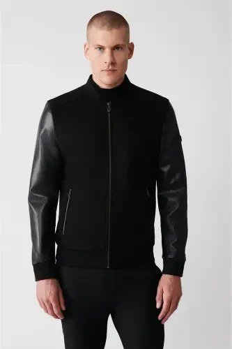 Erkaklar uchun qora Bomber ko'ylagi Ribbali Charm-teri ko'rinishli Comfort Fit A32y6036 - 1