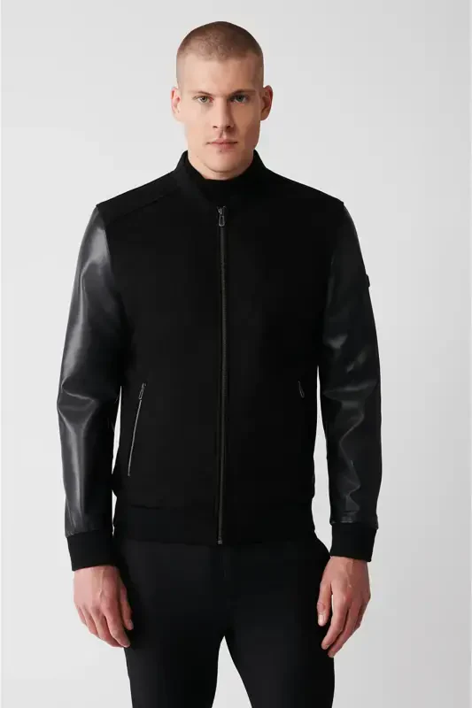 Erkaklar uchun qora Bomber ko'ylagi Ribbali Charm-teri ko'rinishli Comfort Fit A32y6036 - AVVA