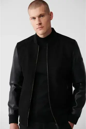 Erkaklar uchun qora Bomber ko'ylagi Ribbali Charm-teri ko'rinishli Comfort Fit A32y6036 - 3