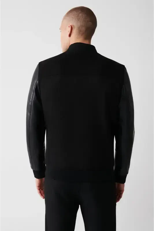 Erkaklar uchun qora Bomber ko'ylagi Ribbali Charm-teri ko'rinishli Comfort Fit A32y6036 - 4