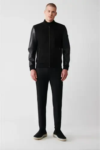 Erkaklar uchun qora Bomber ko'ylagi Ribbali Charm-teri ko'rinishli Comfort Fit A32y6036 - 5