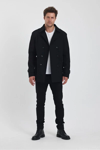 Erkaklar uchun qora ikki tomonlama tugmali tor qalin palto - 10