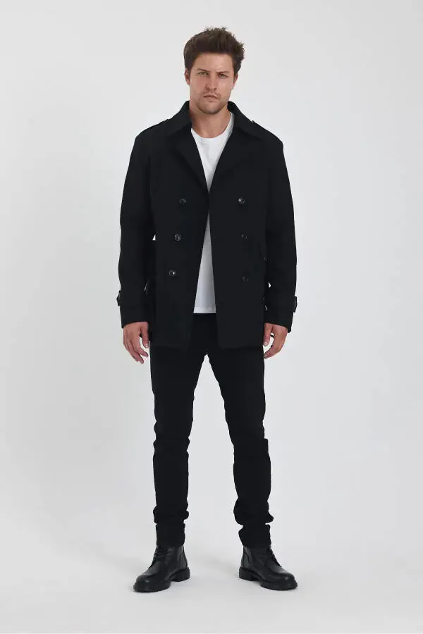 Erkaklar uchun qora ikki tomonlama tugmali tor qalin palto - 10