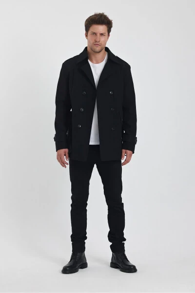 Erkaklar uchun qora ikki tomonlama tugmali tor qalin palto - TREND KOMBİN (1)