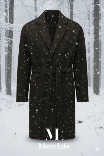 Erkaklar uchun qora kamarli keng kesilgan yengil palto - 5