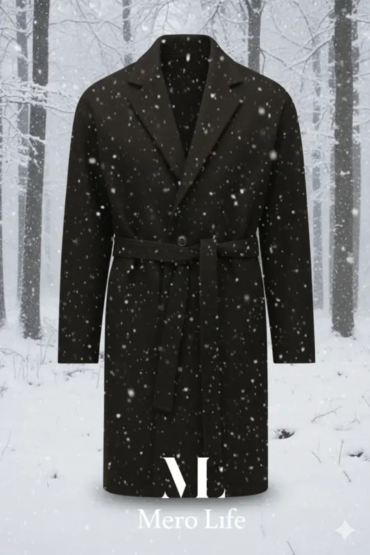 Erkaklar uchun qora kamarli keng kesilgan yengil palto - 5