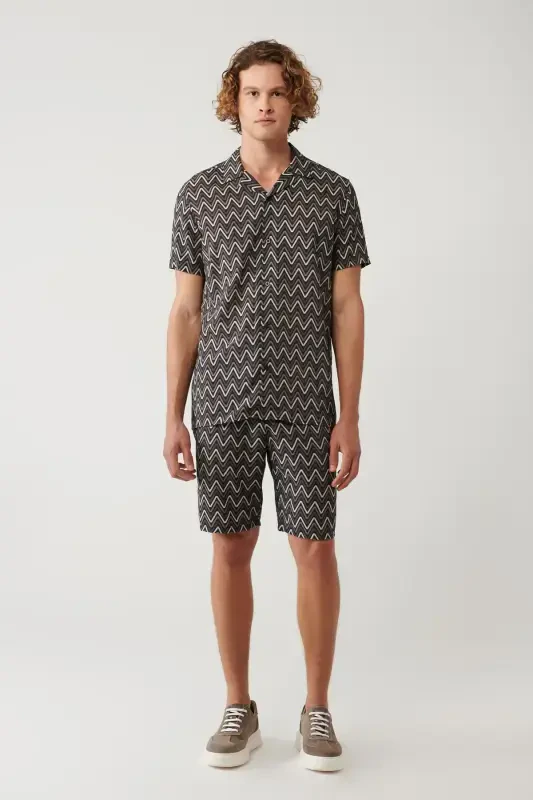 Erkaklar uchun qora ko'ylak, apach yoqasi, viskoz aralashmasi, naqshli, oddiy o'lcham A41y2213 - 5