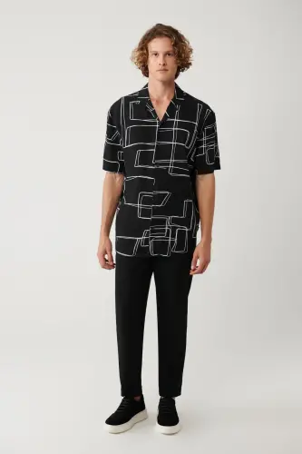 Erkaklar uchun qora ko'ylak Apaj yoqali bosma viskoz oversize A41y2149 - 5