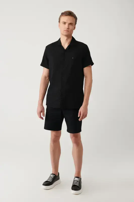 Erkaklar uchun qora ko'ylak, yoyilgan yoqa, qisqa yeng, jakkardli to'qimalı, Regular Fit A41y2092 - 5