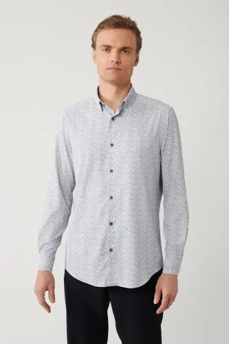 Erkaklar uchun qora-kulrang ko'ylak Britaniya yoqasi bilan naqshli Travel Slim Fit A41y2010 - 1