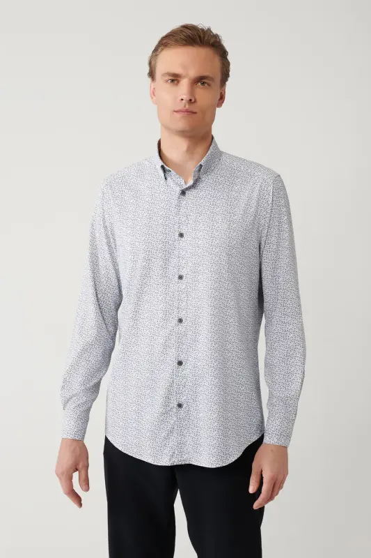 Erkaklar uchun qora-kulrang ko'ylak Britaniya yoqasi bilan naqshli Travel Slim Fit A41y2010 - 1