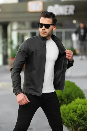 Erkaklar uchun qora Premium tik yoqa Slim Fit charm kurtkasi 