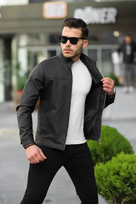 Erkaklar uchun qora Premium tik yoqa Slim Fit charm kurtkasi - 1