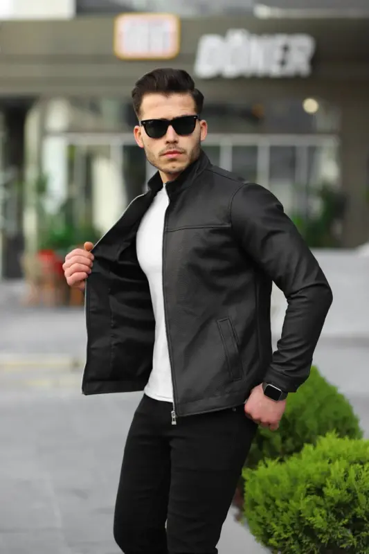 Erkaklar uchun qora Premium tik yoqa Slim Fit charm kurtkasi - 2
