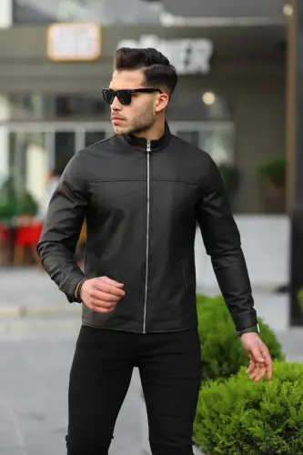 Erkaklar uchun qora Premium tik yoqa Slim Fit charm kurtkasi - 3