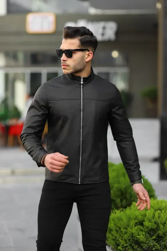 Erkaklar uchun qora Premium tik yoqa Slim Fit charm kurtkasi - 3