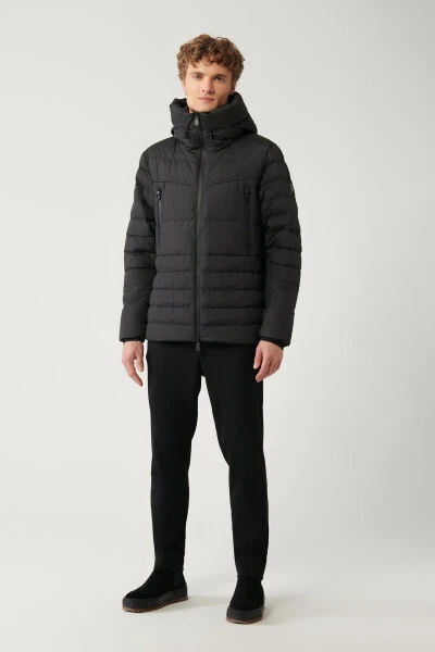 Erkaklar uchun qora puf ko'ylagi g'oz patlari suvni qaytaradigan shamol o'tkazmaydigan termometrli kaputli Comfort Fit A32y6017 - 7