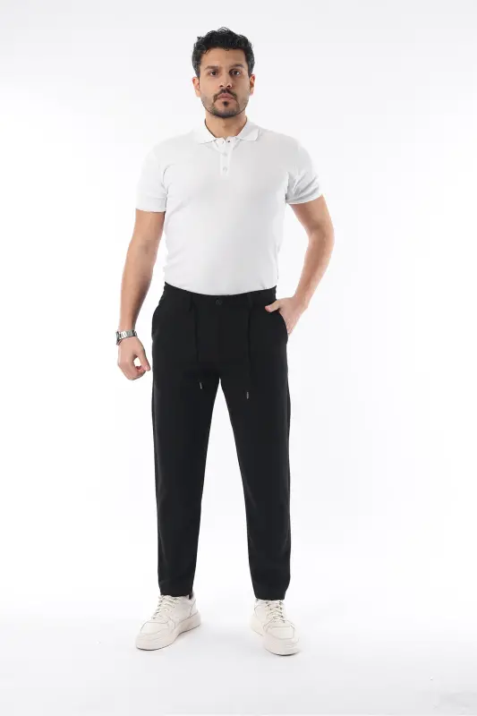 Erkaklar uchun qora rangli, bel qismi elastikli, cho'ziluvchan likradan tikilgan slimfit mato pantolon - 4