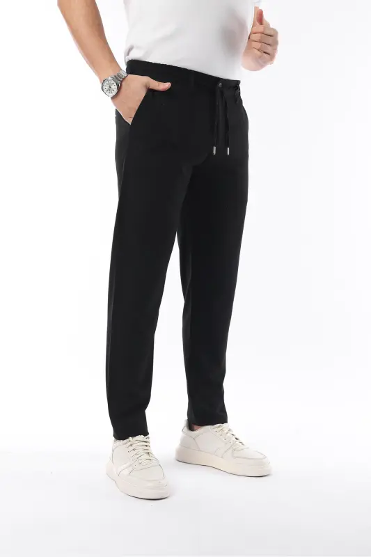 Erkaklar uchun qora rangli, bel qismi elastikli, cho'ziluvchan likradan tikilgan slimfit mato pantolon - 5