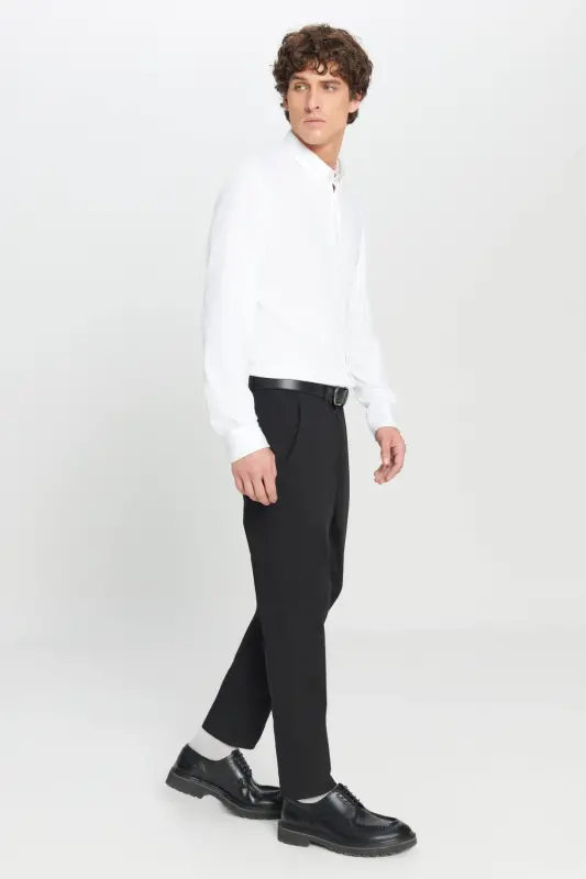 Erkaklar uchun qora rangli kanvas slim fit tor kesilgan yon cho'ntakli chino shimlari - 7