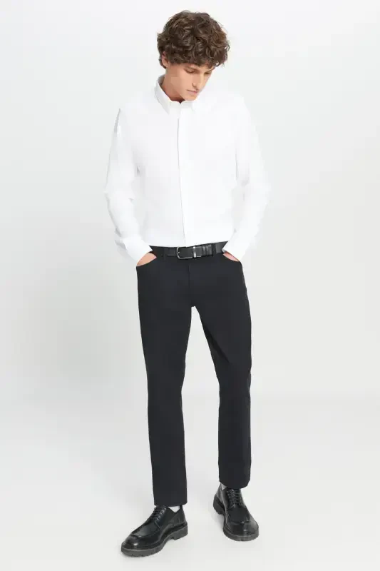 Erkaklar uchun qora rangli slim fit tor kesilgan 5 cho'ntakli paxta kanvas cho'ziluvchan chino shimlari - 5