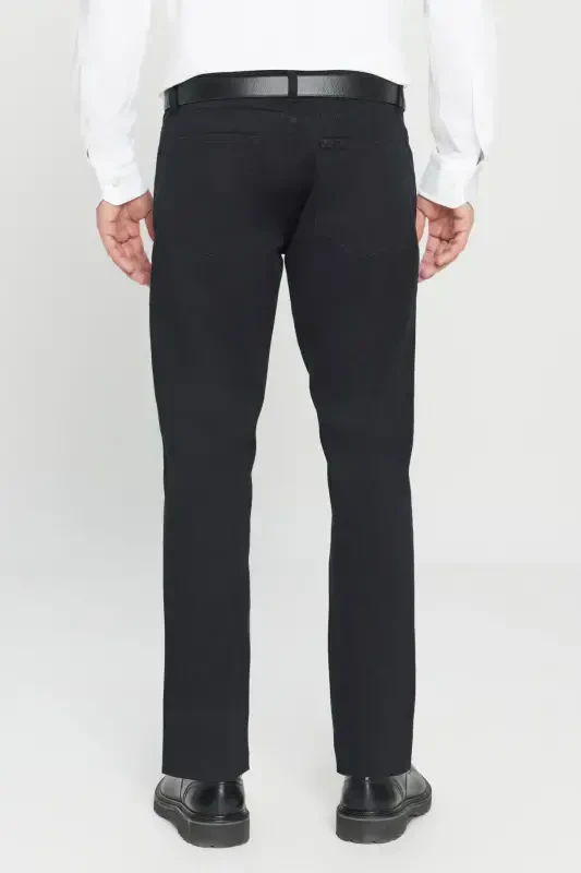 Erkaklar uchun qora rangli slim fit tor kesilgan 5 cho'ntakli paxta kanvas cho'ziluvchan chino shimlari - 7