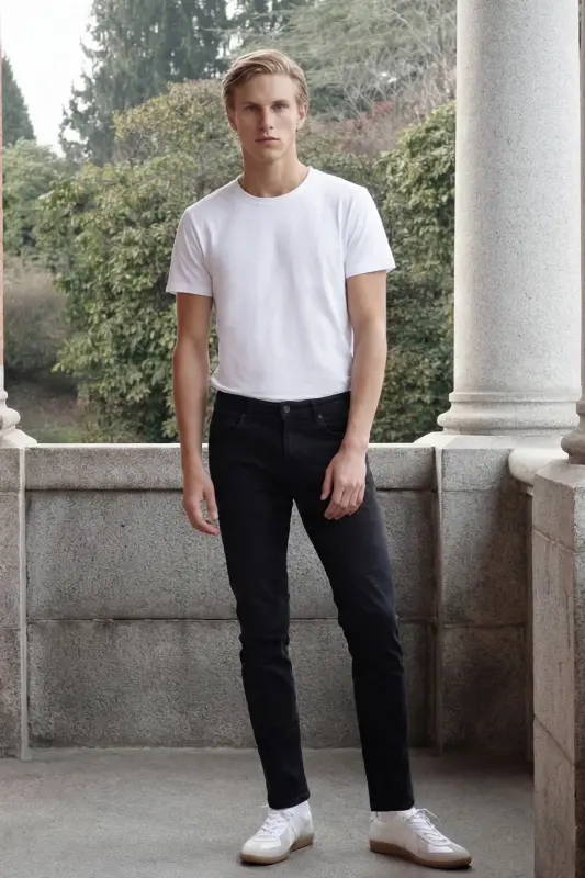 Erkaklar uchun qora rangli slim fit tor kesilgan 5 cho'ntakli paxta kanvas cho'ziluvchan chino shimlari - AC&CO / ALTINYILDIZ CLASSICS