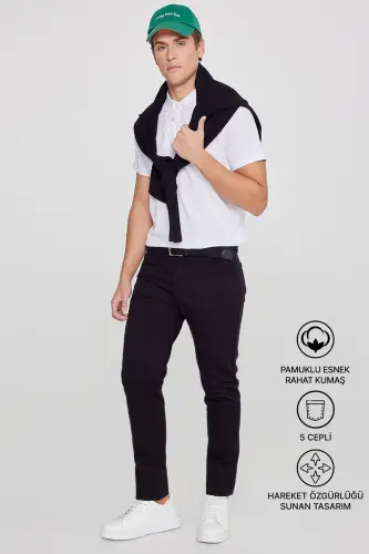 Erkaklar uchun qora rangli slim fit tor kesilgan 5 cho'ntakli paxta kanvas cho'ziluvchan chino shimlari - 3