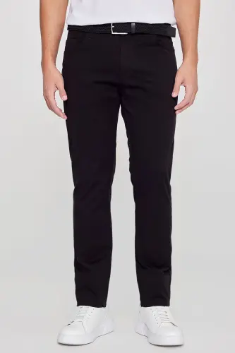 Erkaklar uchun qora rangli slim fit tor kesilgan 5 cho'ntakli paxta kanvas cho'ziluvchan chino shimlari - 4