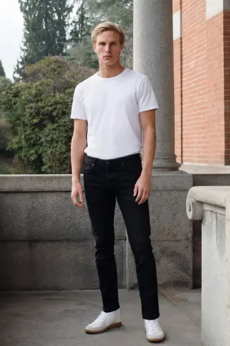 Erkaklar uchun qora rangli slim fit tor kesilgan 5 cho'ntakli paxta kanvas cho'ziluvchan chino shimlari - 5