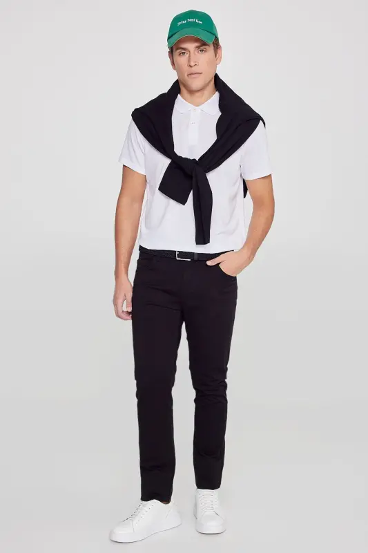 Erkaklar uchun qora rangli slim fit tor kesilgan 5 cho'ntakli paxta kanvas cho'ziluvchan chino shimlari - 8